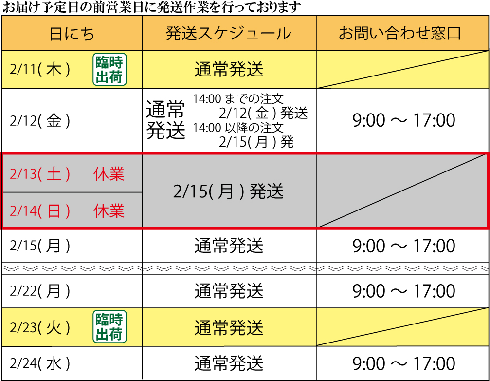 2月出荷作業休業日のお知らせ